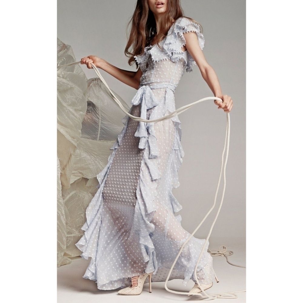 Alice McCall Moon Talking Ruffle Maxi Dress Crystal Bue sz 2 NEW